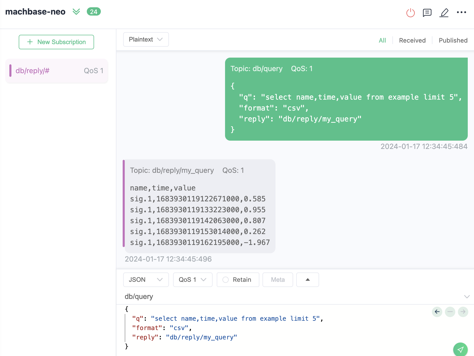 A demonstration shows how to query and receive responses over MQTT. (Using MQTTX.app)